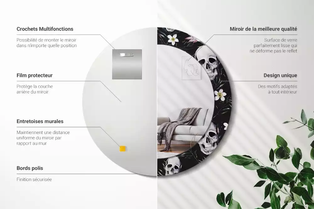 Espejo redondo con decoración Flores de calavera