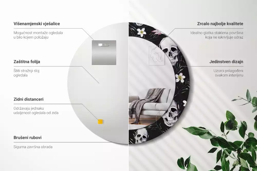 Espejo redondo con decoración Flores de calavera