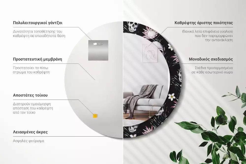 Espejo redondo con decoración Flores de calavera