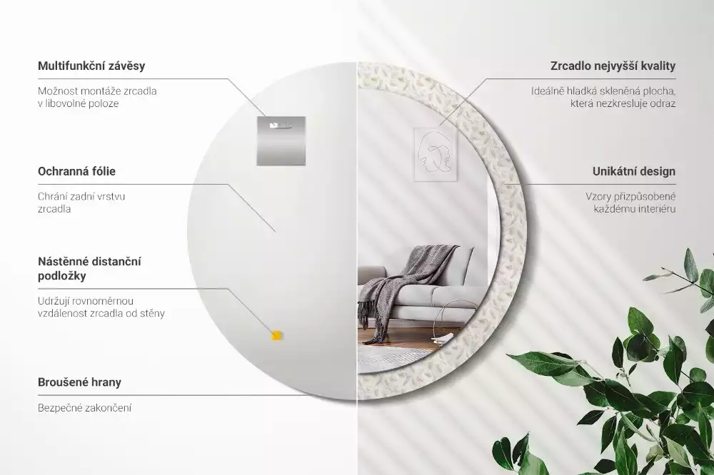 Espejo redondo con decoración plumas de pájaro