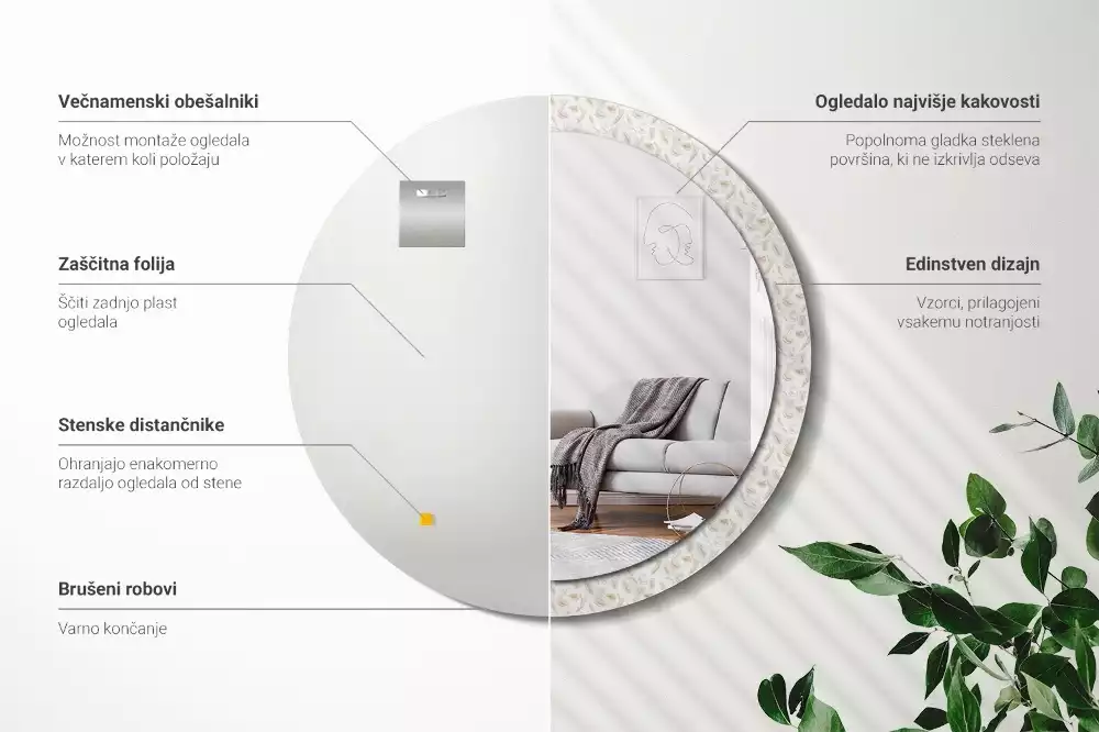 Espejo redondo con decoración plumas de pájaro