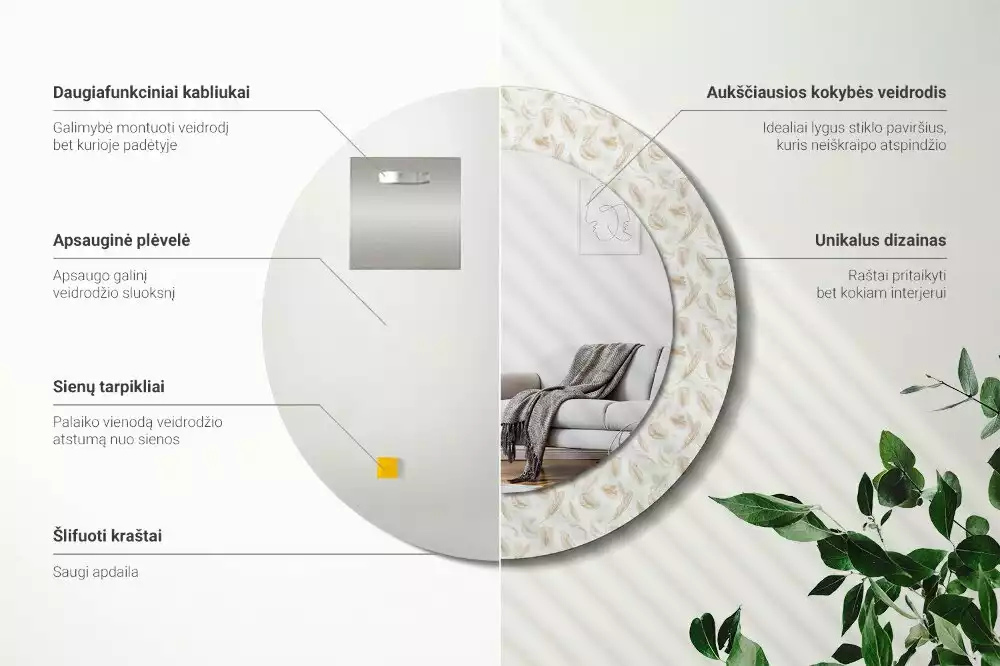 Espejo redondo con decoración plumas de pájaro