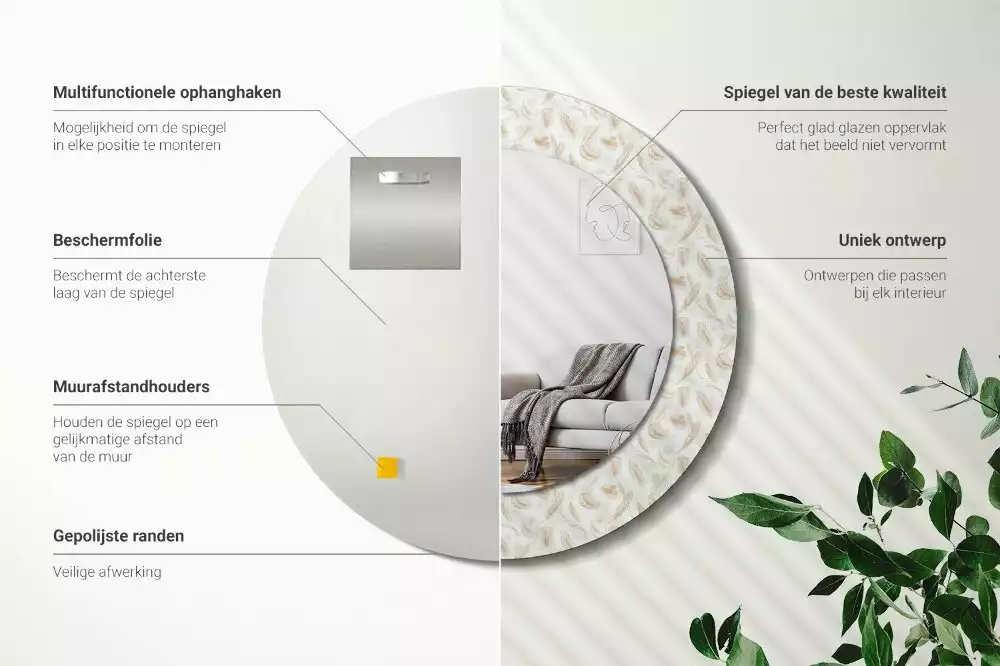 Espejo redondo con decoración plumas de pájaro