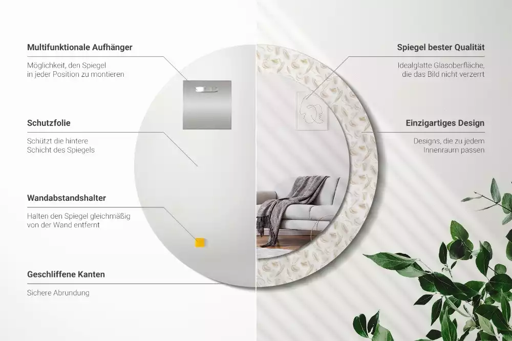 Espejo redondo con decoración plumas de pájaro