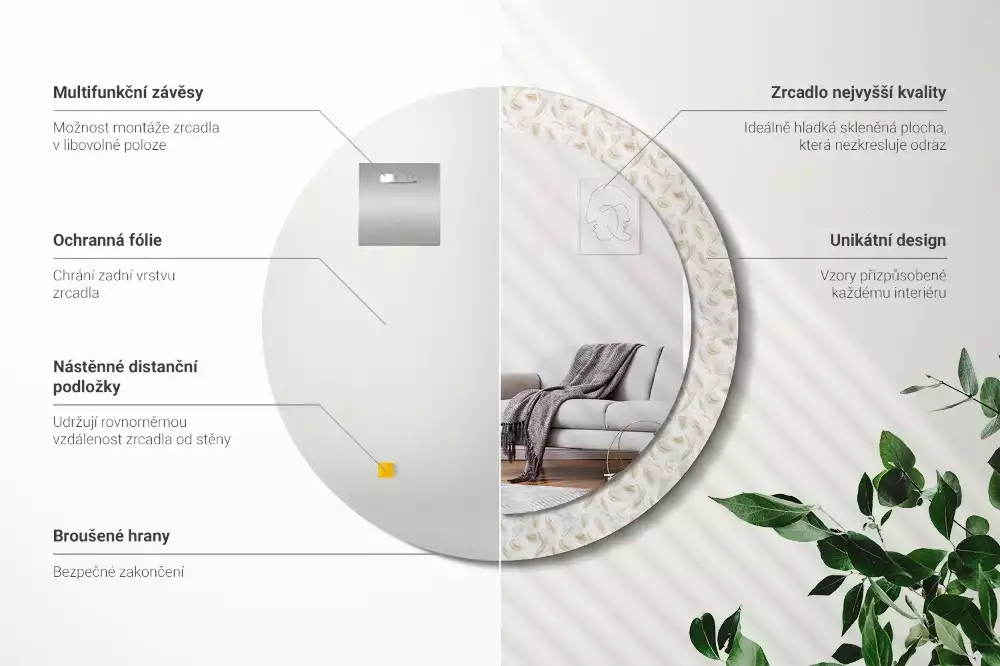 Espejo redondo con decoración plumas de pájaro