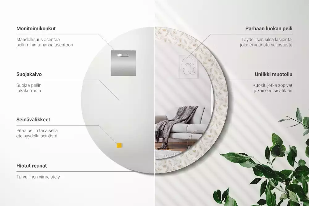 Espejo redondo con decoración plumas de pájaro