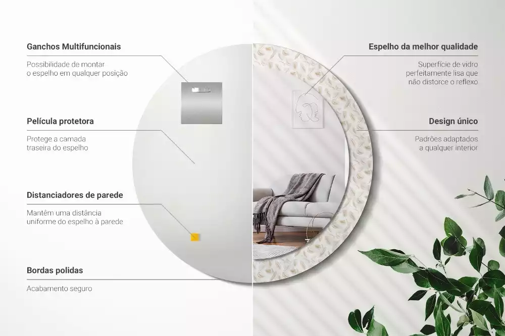 Espejo redondo con decoración plumas de pájaro