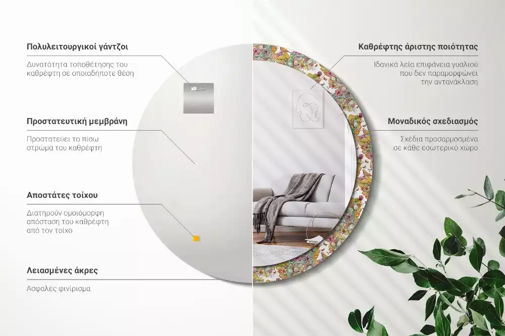 Espejo redondo estampado flores de cuento de hadas