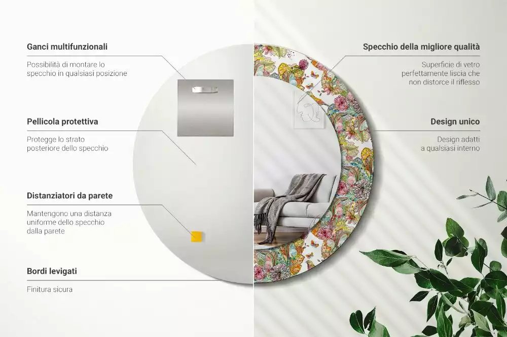 Espejo redondo estampado flores de cuento de hadas