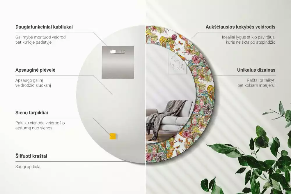 Espejo redondo estampado flores de cuento de hadas