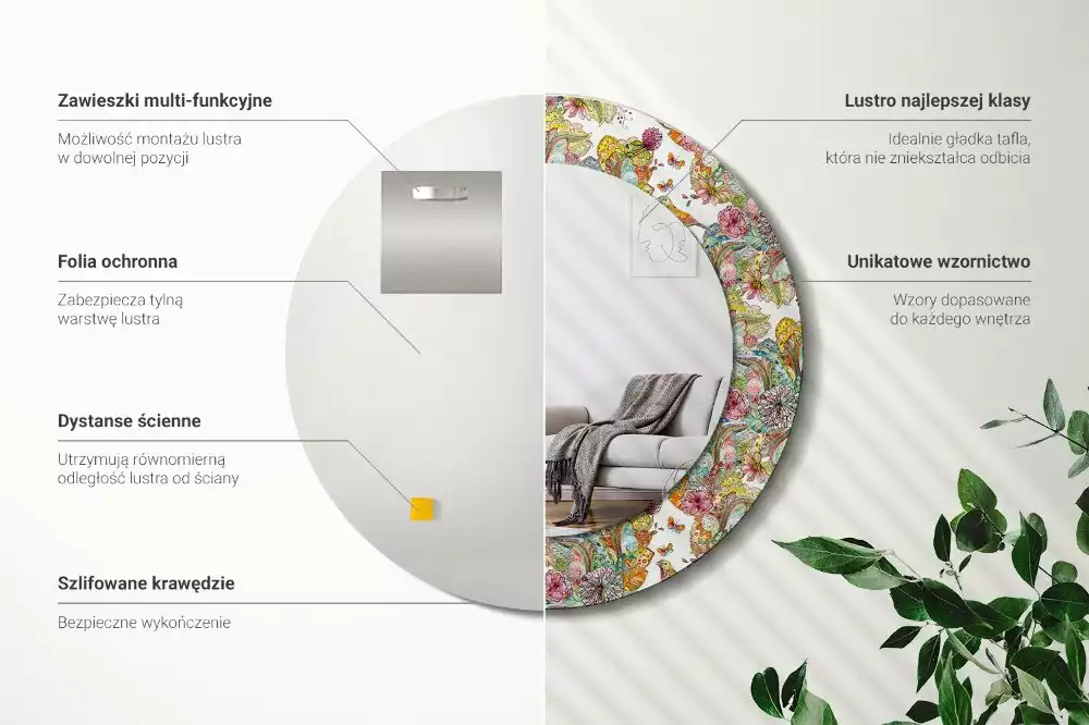 Espejo redondo estampado flores de cuento de hadas