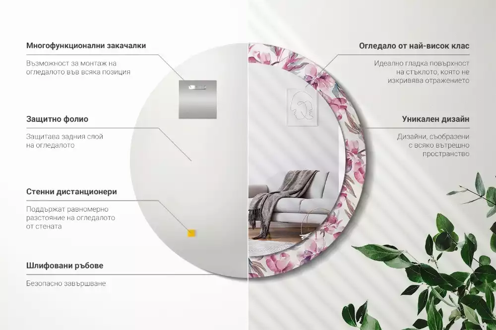Espejo redondo con decoración flores de peonías