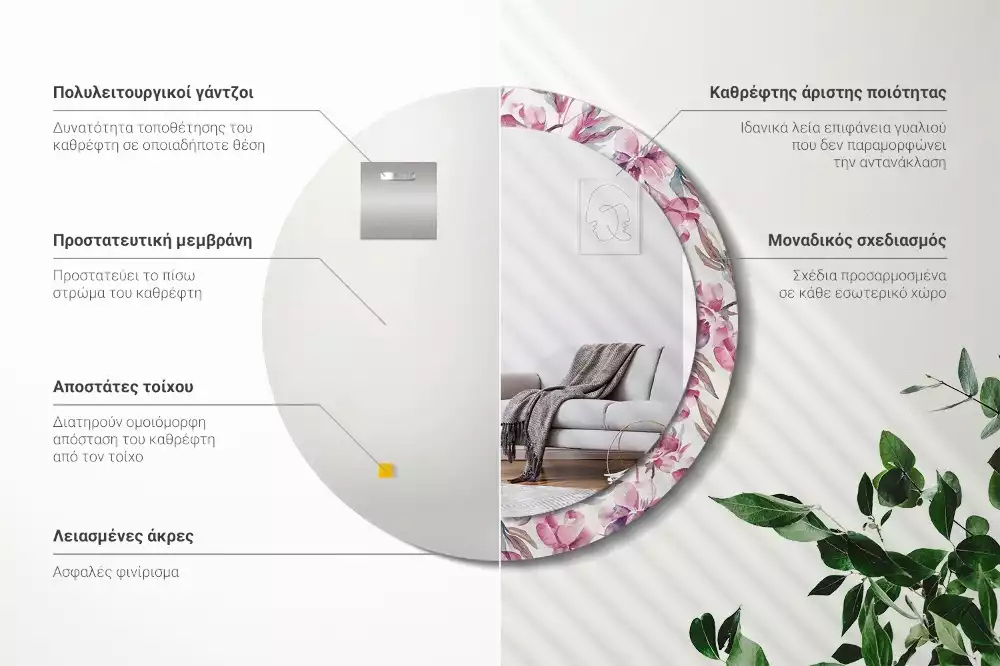 Espejo redondo con decoración flores de peonías