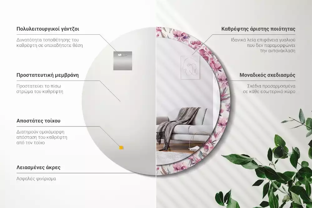 Espejo redondo con decoración flores de peonías