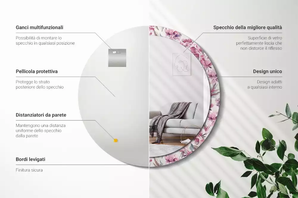 Espejo redondo con decoración flores de peonías