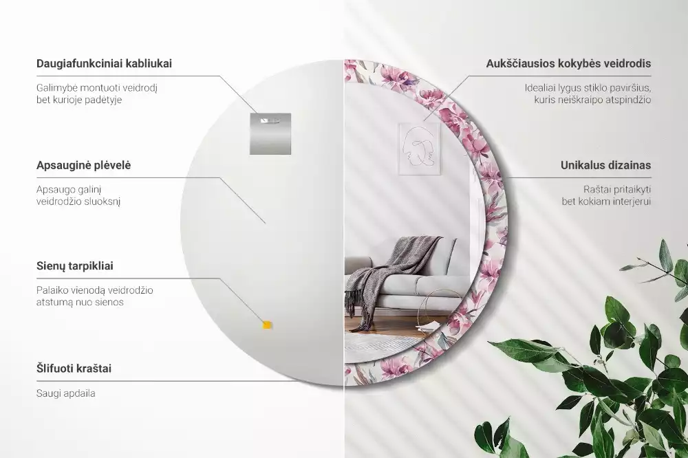 Espejo redondo con decoración flores de peonías