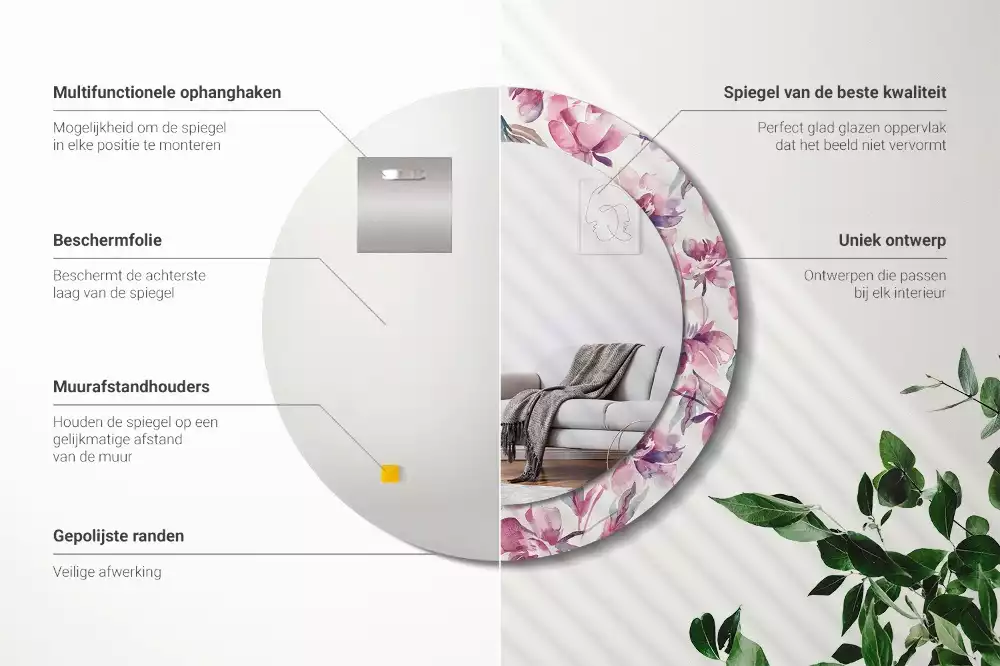 Espejo redondo con decoración flores de peonías