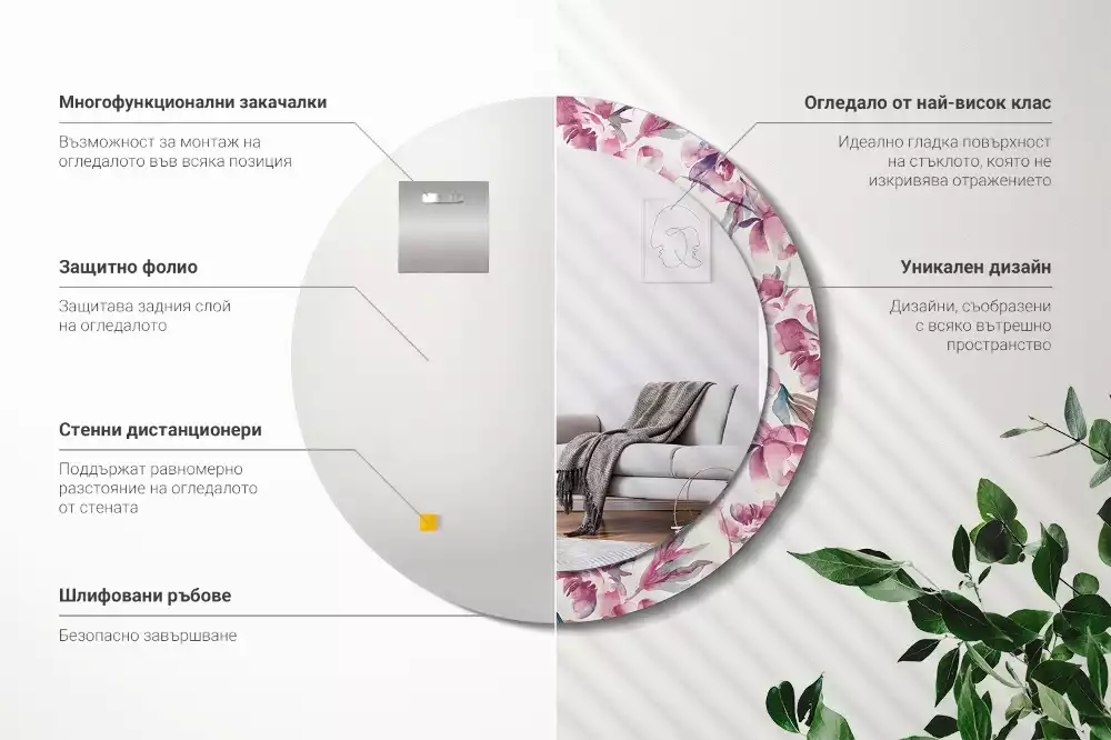 Espejo redondo con decoración flores de peonías