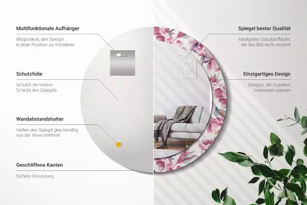 Espejo redondo con decoración flores de peonías