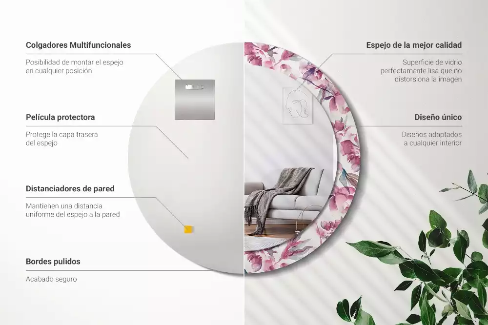 Espejo redondo con decoración flores de peonías