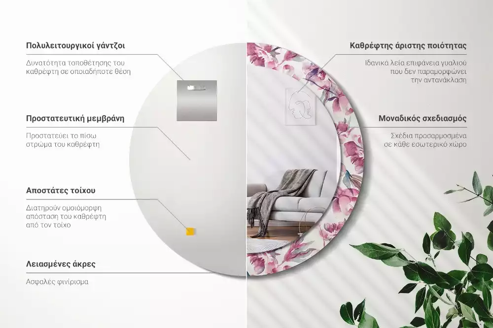 Espejo redondo con decoración flores de peonías