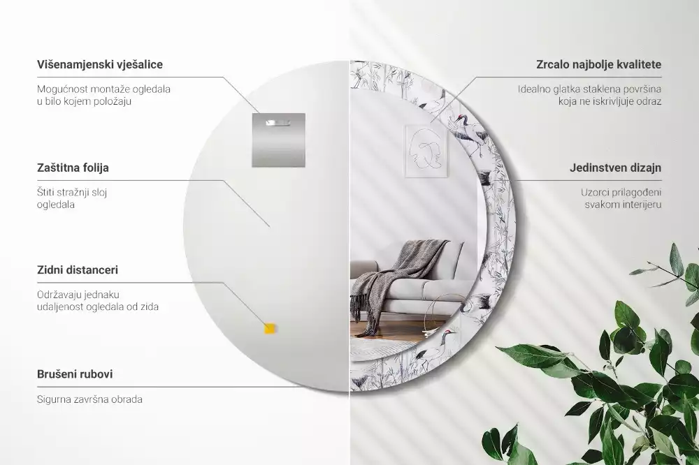 Espejo redondo con decoración Grúas aves