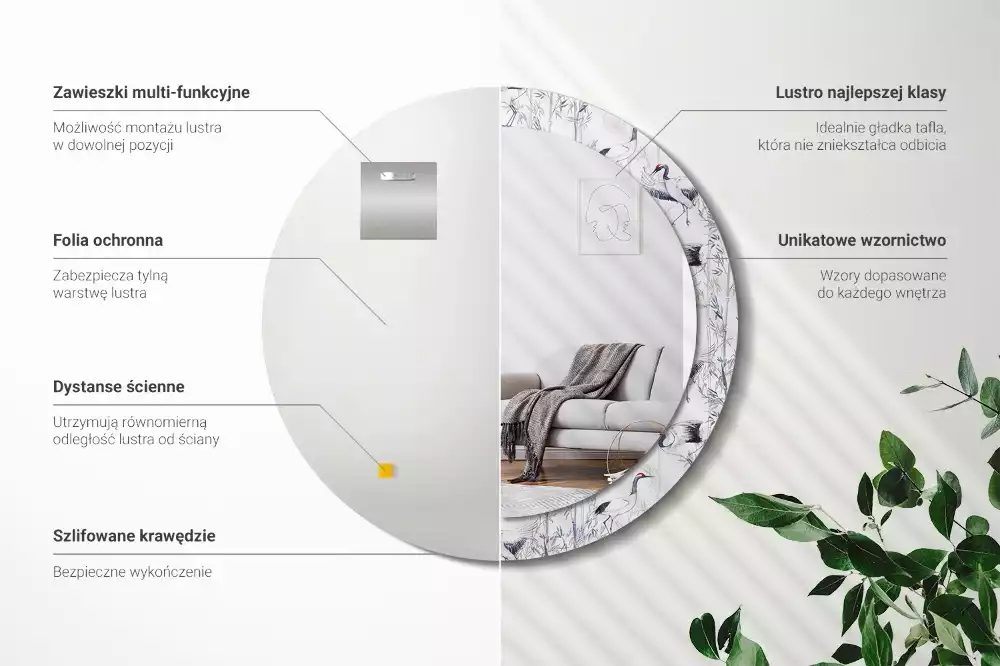 Espejo redondo con decoración Grúas aves