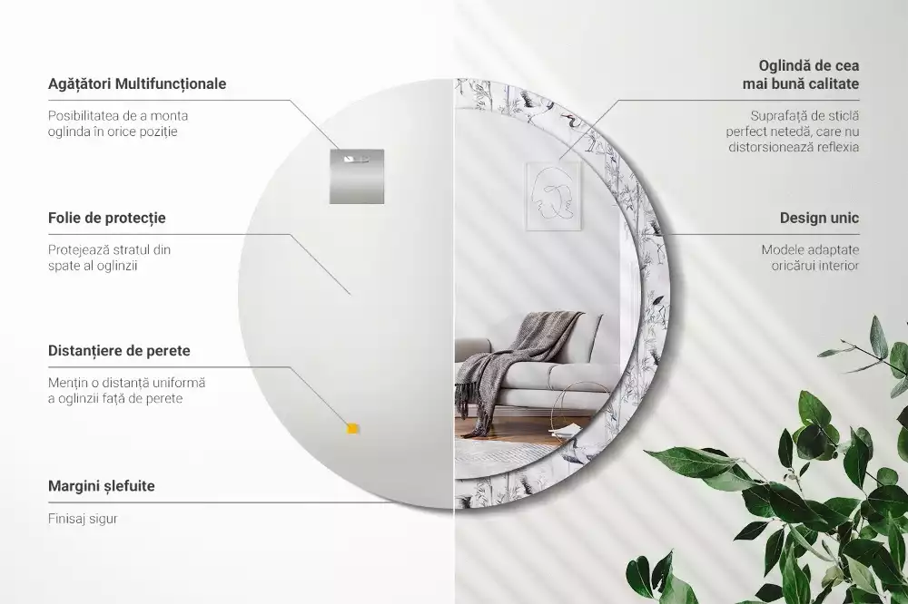 Espejo redondo con decoración Grúas aves