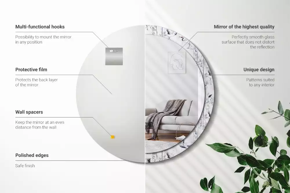 Espejo redondo con decoración Grúas aves