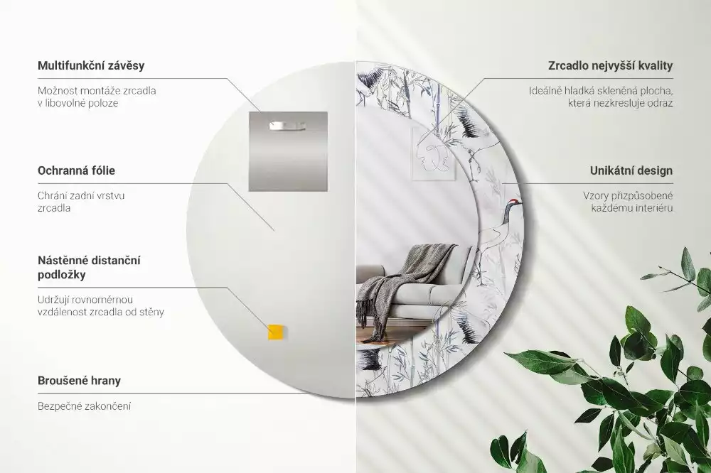 Espejo redondo con decoración Grúas aves