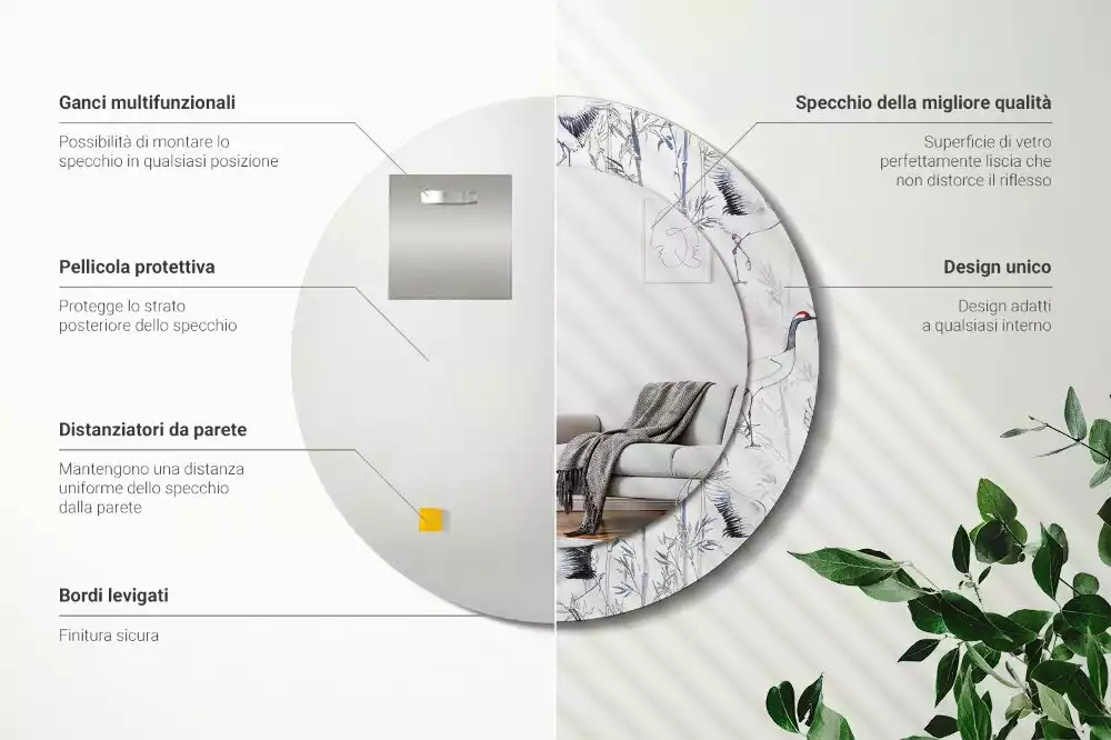 Espejo redondo con decoración Grúas aves