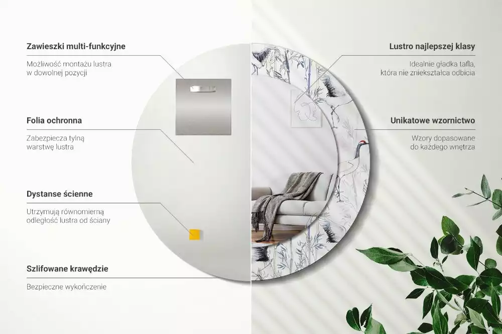 Espejo redondo con decoración Grúas aves