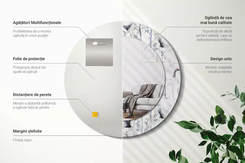 Espejo redondo con decoración Grúas aves