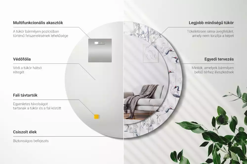 Espejo redondo con decoración Grúas aves