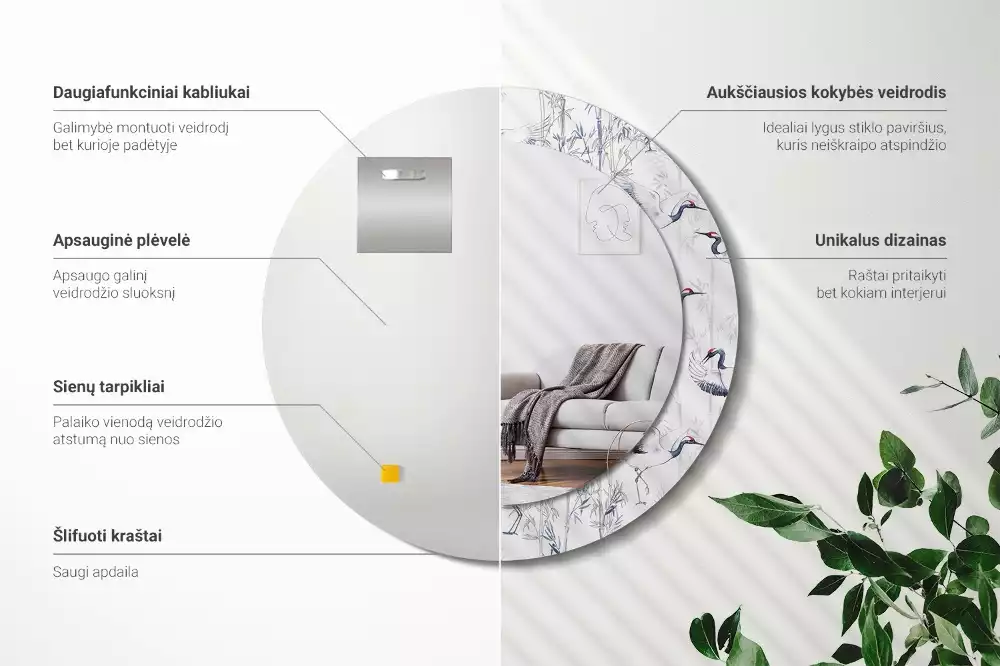 Espejo redondo con decoración Grúas aves