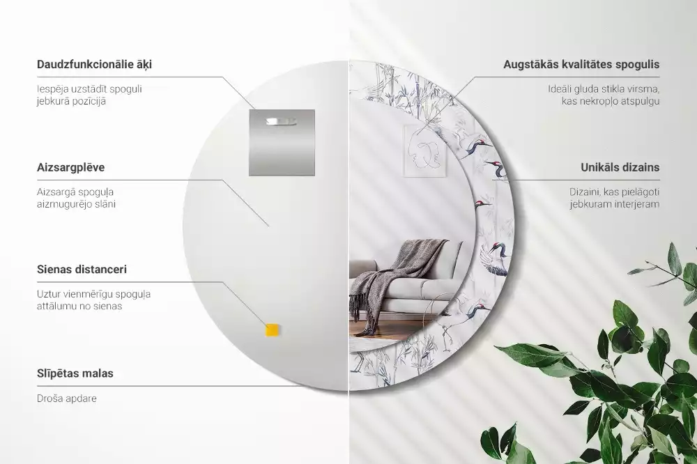 Espejo redondo con decoración Grúas aves