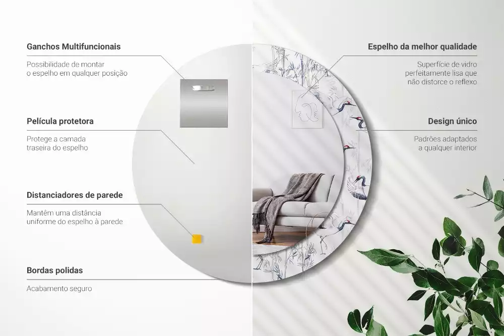 Espejo redondo con decoración Grúas aves