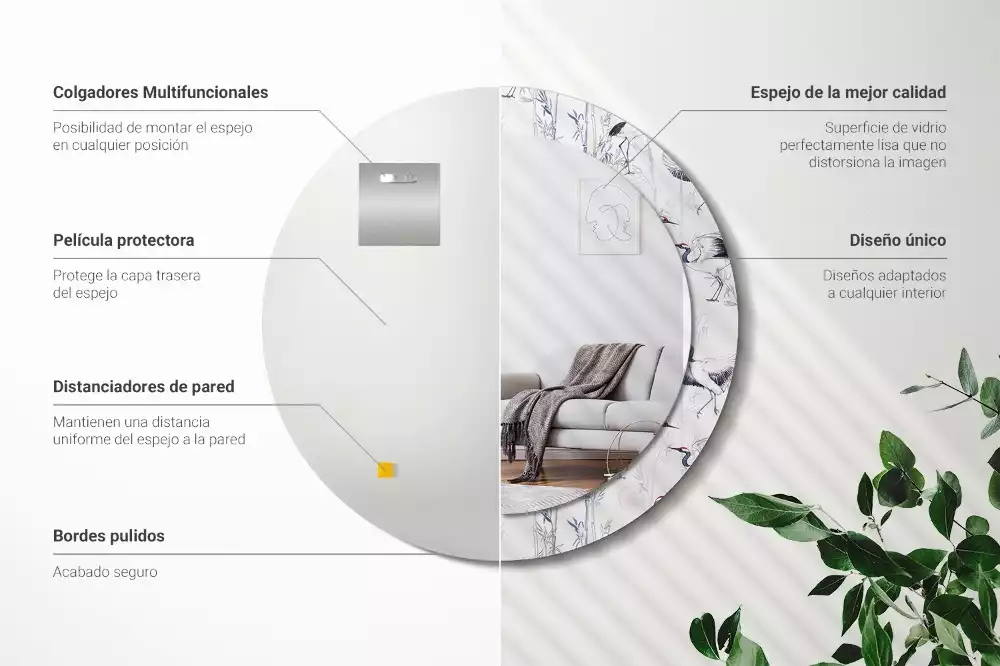 Espejo redondo con decoración Grúas aves