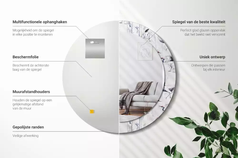 Espejo redondo con decoración Grúas aves