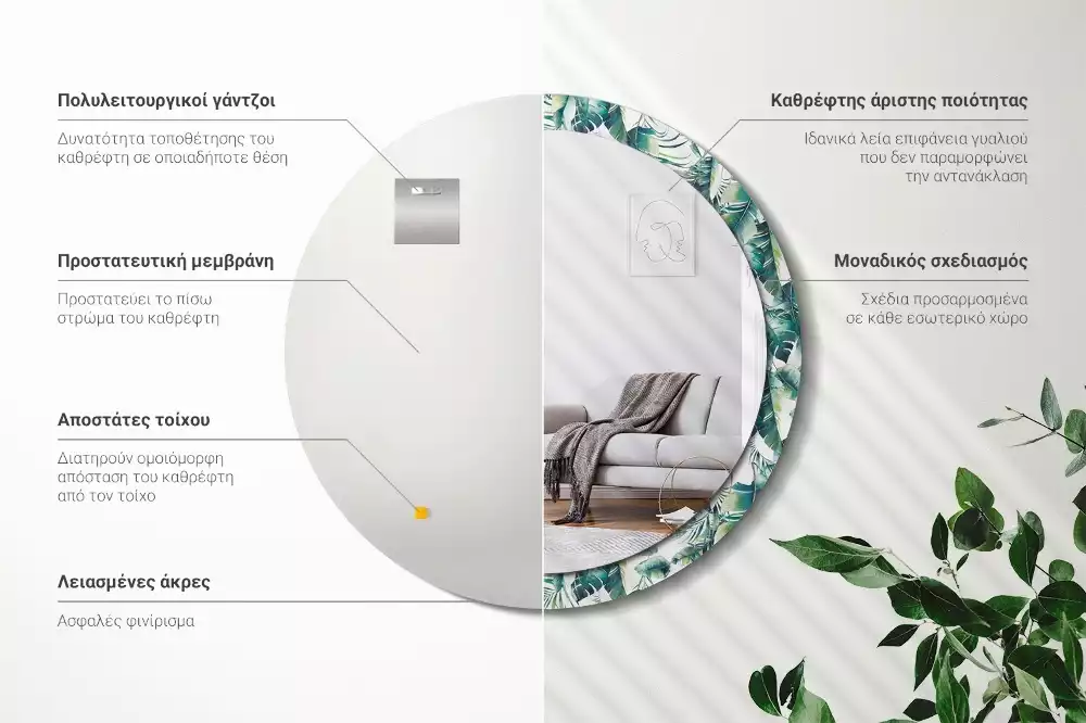 Espejo redondo con decoración Hojas