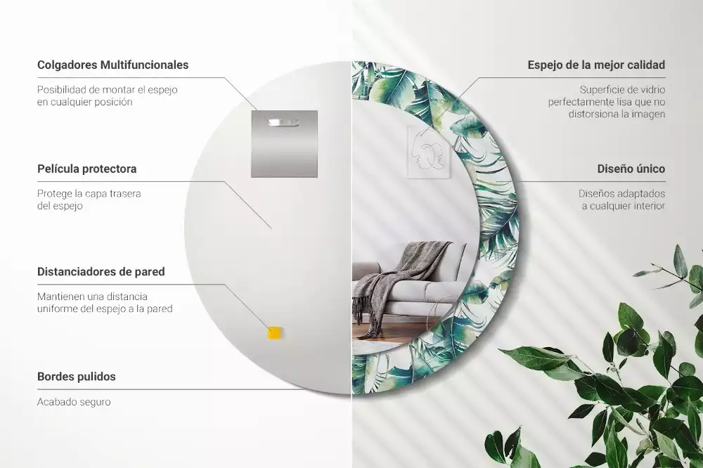 Espejo redondo con decoración Hojas