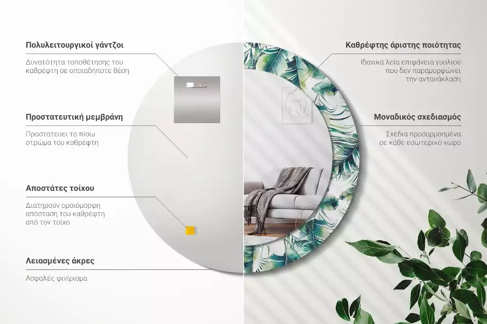 Espejo redondo con decoración Hojas