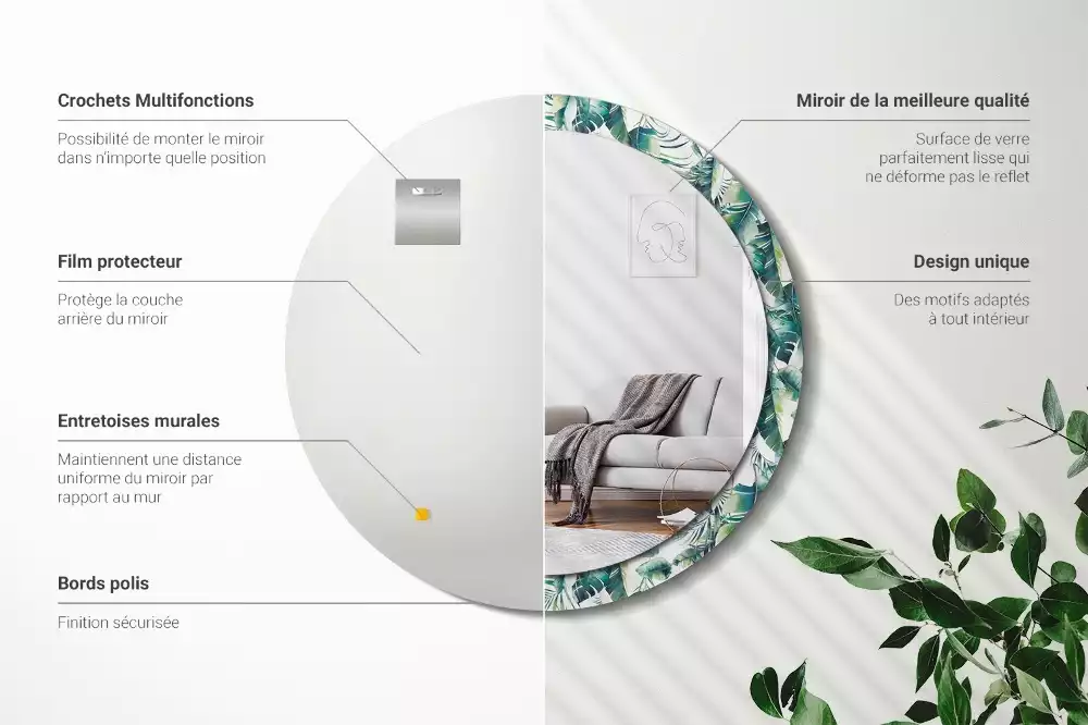 Espejo redondo con decoración Plumas blancas y negras