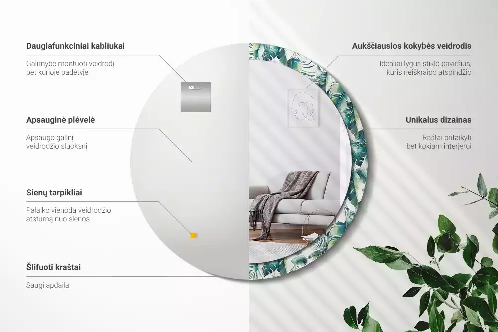 Espejo redondo con decoración Plumas blancas y negras