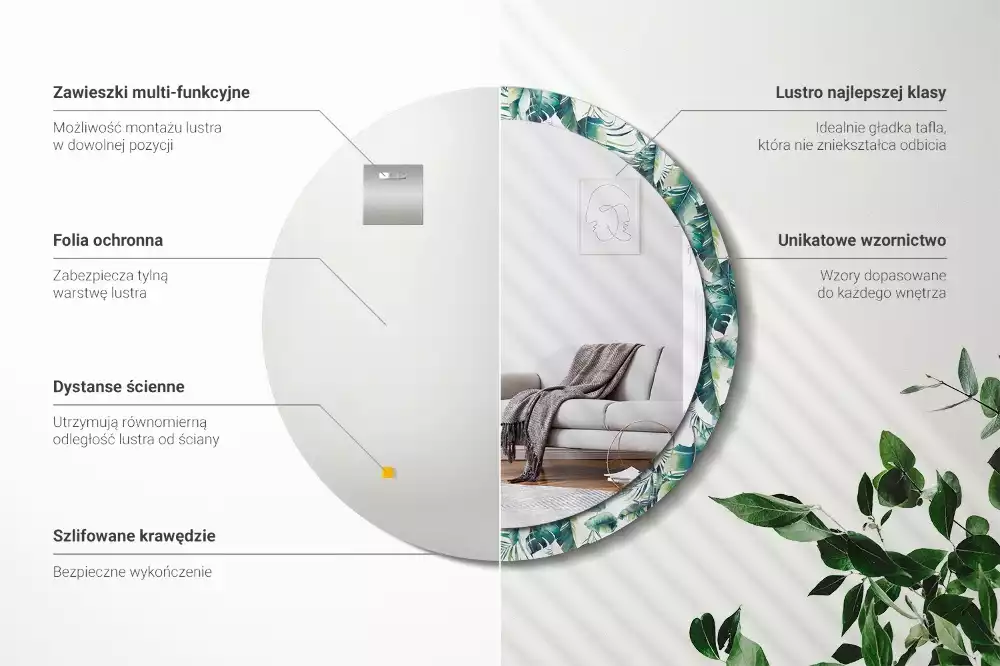 Espejo redondo con decoración Plumas blancas y negras