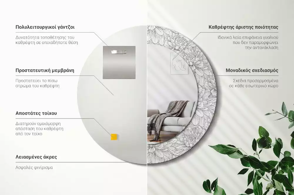 Espejo redondo estampado flores de loto