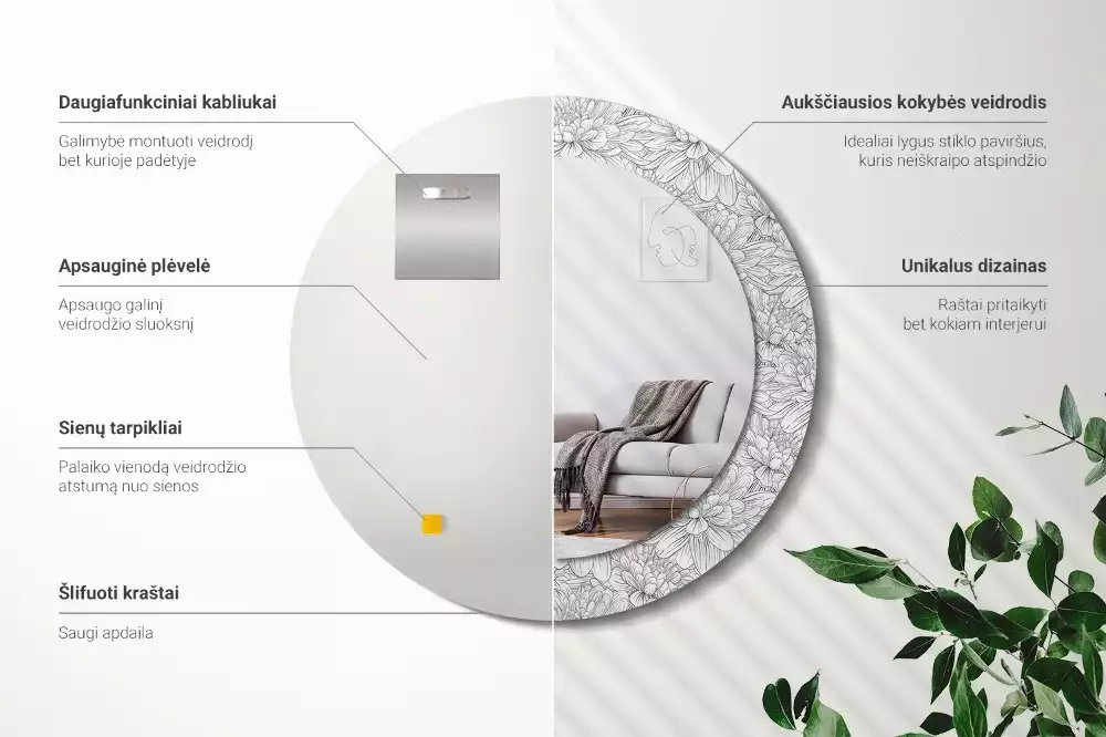 Espejo redondo estampado flores de loto