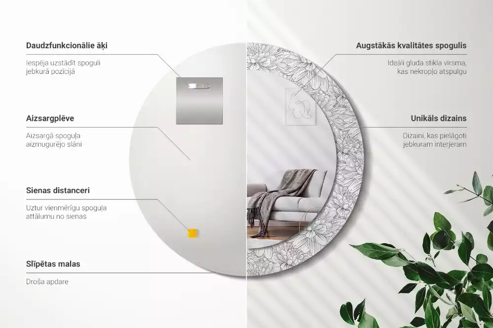 Espejo redondo estampado flores de loto