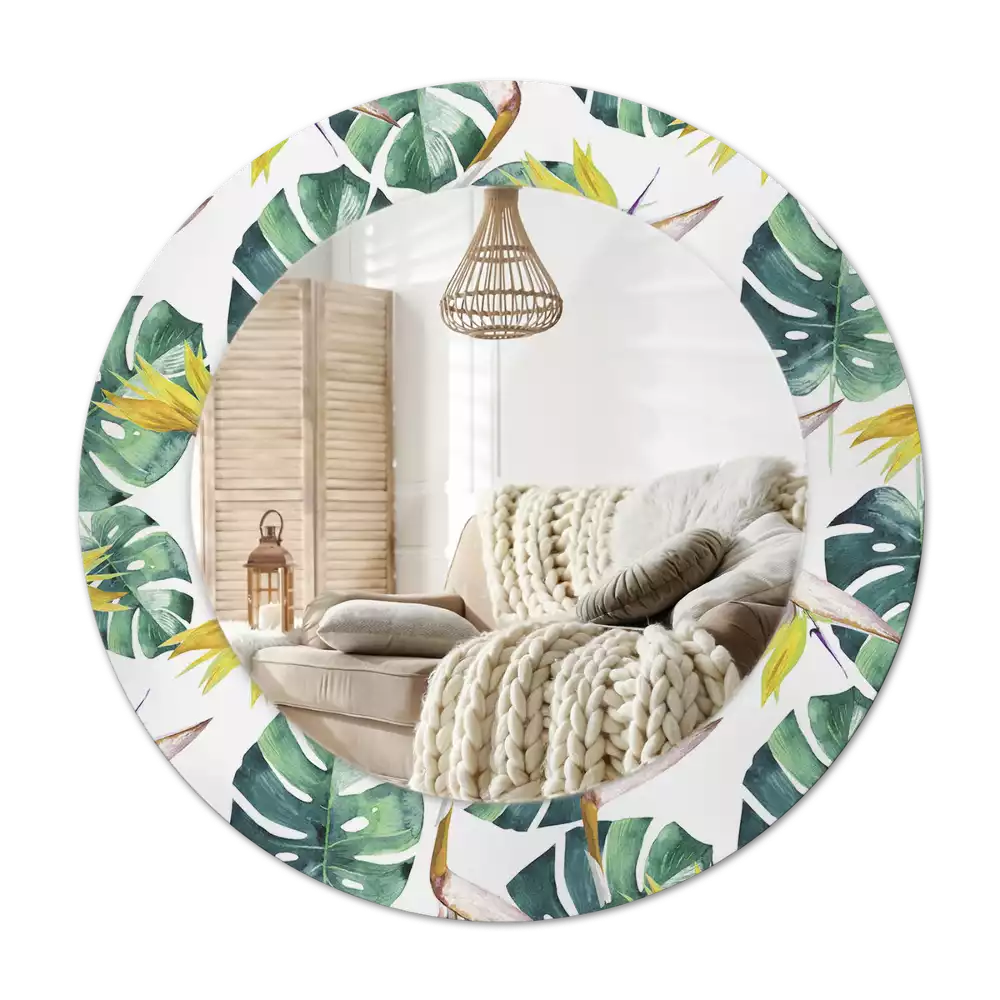 Espejo redondo con decoración Hojas tropicales