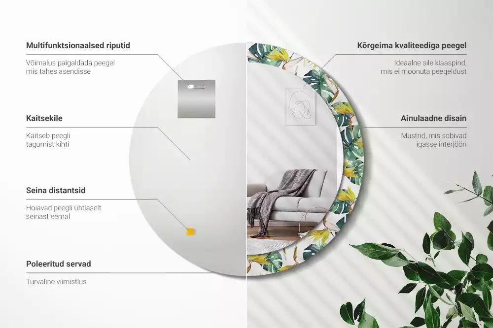 Espejo redondo con decoración Hojas tropicales